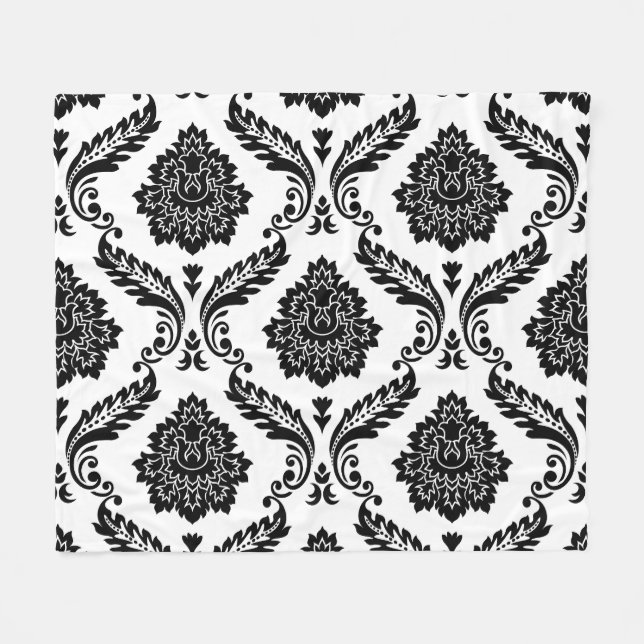 Rococo Damast großes Muster Schwarz auf Weiß Fleecedecke (Vorderseite (Horizontal))