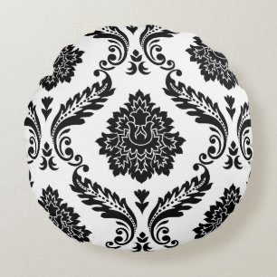 Rococo Damast großes Muster Schwarz auf Weiß Rundes Kissen