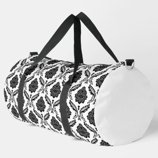 Rococo Damast Wdh Muster Schwarz auf Weiß Duffle Bag (Linke Ecke)