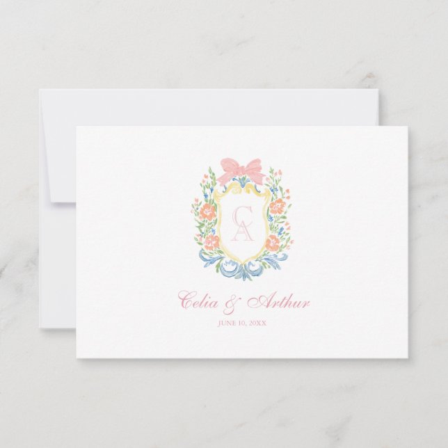Rococo Floral Monogram Crest Wedding Dankeskarte (Vorderseite)