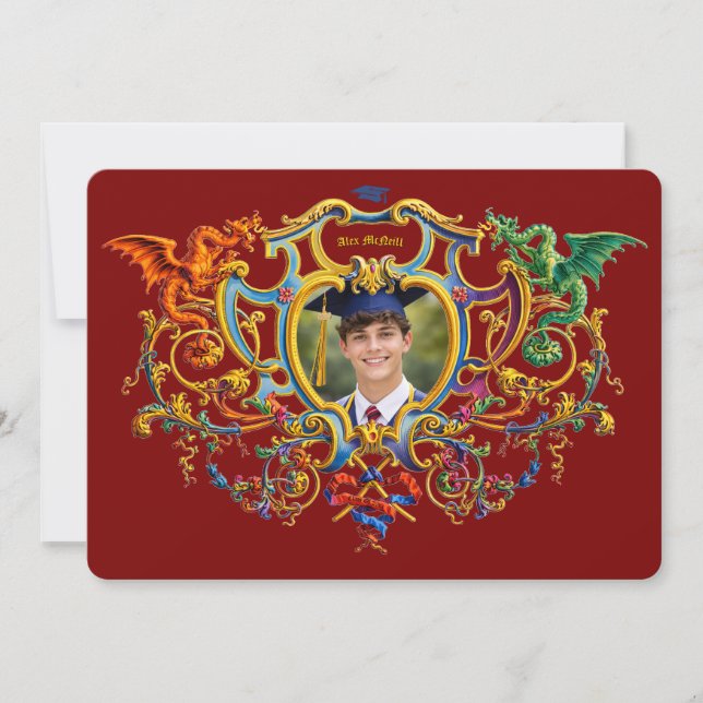 Rococo-Kartusche-Drachen Foto-Vorlage Abschluss Einladung (Vorderseite)