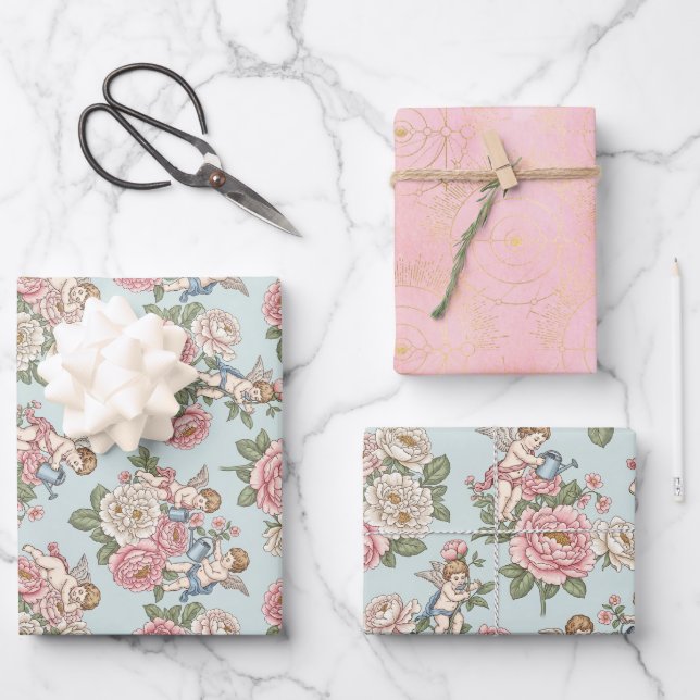 Rococo Revival Cherub Floral Toile Wrapping Paper Geschenkpapier Set (Vorderseite)