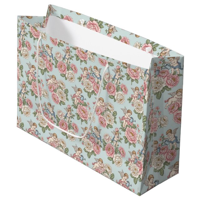 Rococo Revival Cherub Floral Toile Wrapping Paper Große Geschenktüte (Vorderseite Schrägansicht)
