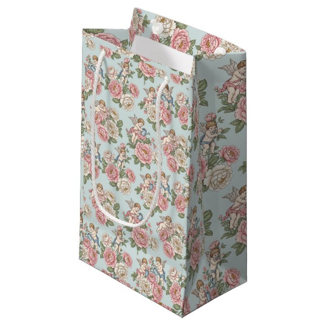 Rococo Revival Cherub Floral Toile Wrapping Paper Kleine Geschenktüte (Vorderseite Schrägansicht)