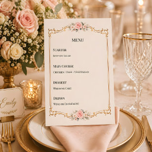 Rococo-Thema Elegante Blush-Hochzeit Menükarte