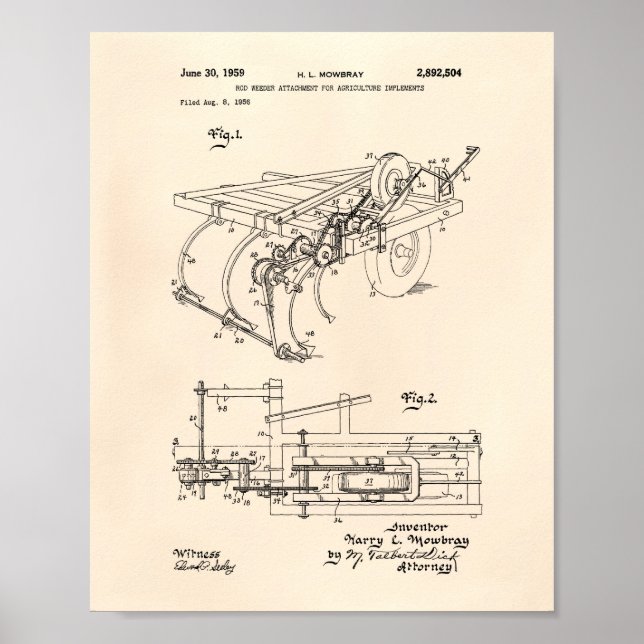 Rod Weeder Attachment 1959 Patent Art Old Peper Poster (Vorne)