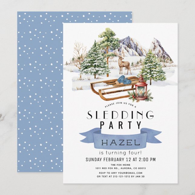 Rodelbahn Party Winterschnee Berge Geburtstag Einladung (Vorne/Hinten)