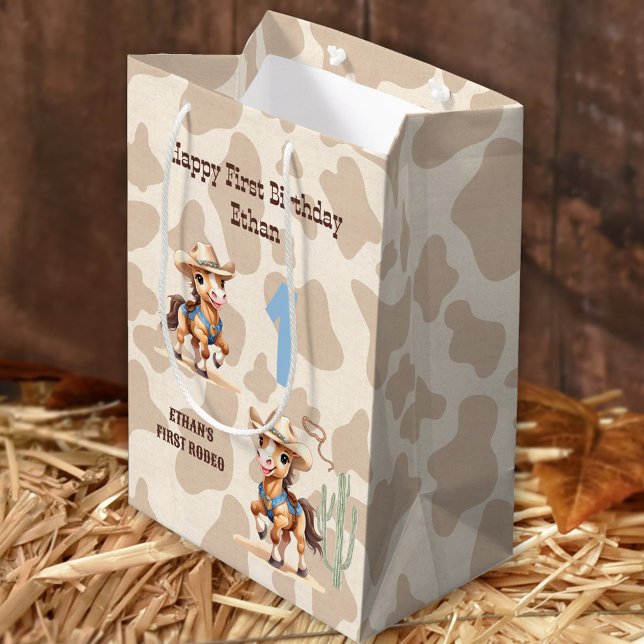 Rodeo Beige Cowboy Horse Western Name 1b Geburtsta Mittlere Geschenktüte (Rodeo Beige Cowboy Horse Western Name 1st Birthday Medium Gift Bag)