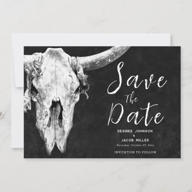 Rodeo Black and White Bull Skull Save the Date Ankündigung (Vorderseite)