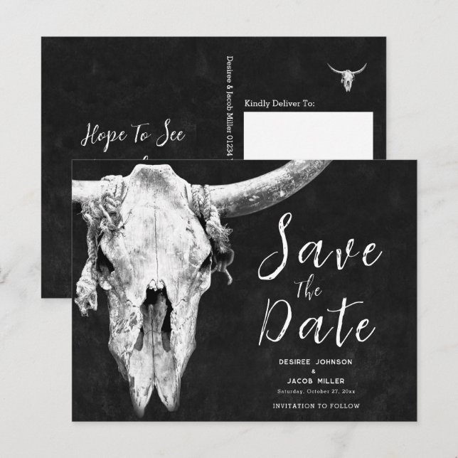 Rodeo Black and White Bull Skull Save the Date Einladungspostkarte (Vorne/Hinten)