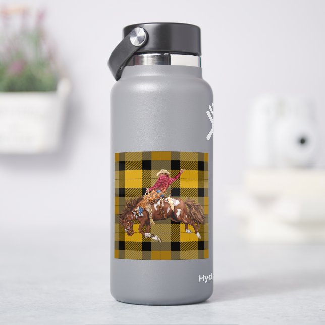 Rodeo Bronco Busting Cowboy on Kariert Aufkleber (HydroFlask)