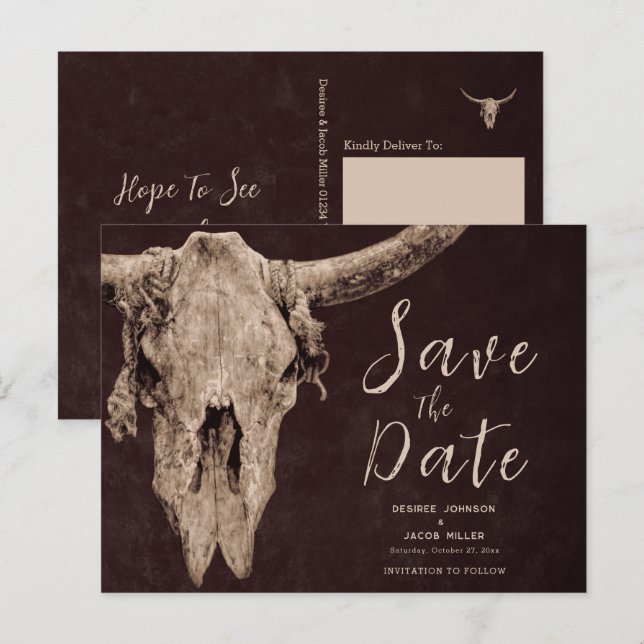 Rodeo Brown Bull Skull Save the Date Einladungspostkarte (Vorne/Hinten)