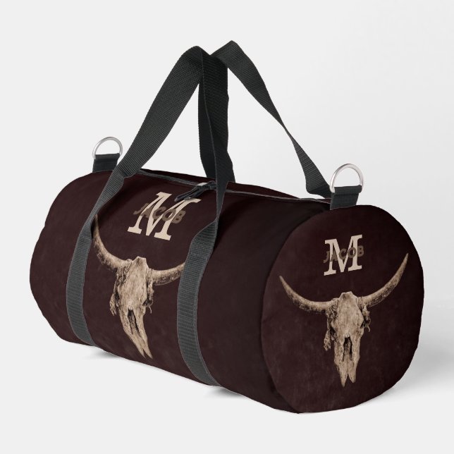 Rodeo Brown Western Bull Skull Monogram Country Duffle Bag (Linke Seite)