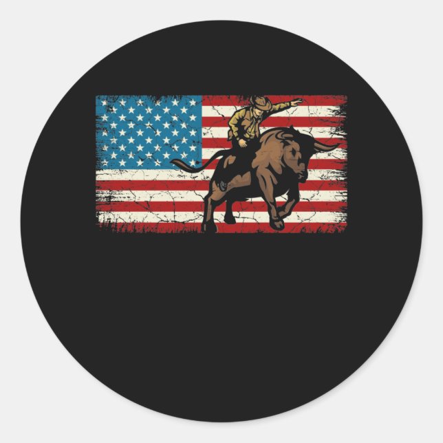 Rodeo Bull Rider Patriotic American Flag Cowboys Runder Aufkleber (Vorderseite)