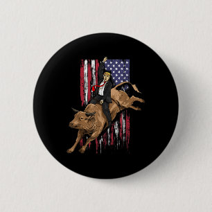 Rodeo Bull Rider Trump American Flag Cowboy Bull Button
