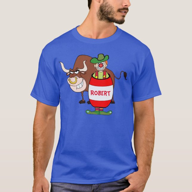 Rodeo-Clown im Fass und in Stier-Cartoon T-Shirt (Vorderseite)