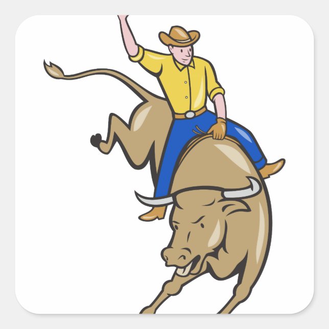 Rodeo Cowboy Bull Riding Cartoon Quadratischer Aufkleber (Vorderseite)