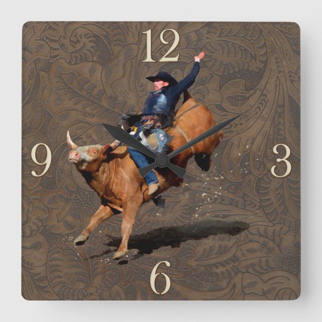 Rodeo Cowboy Bull-Riding-Western Themenuhr Quadratische Wanduhr (Vorderseite)