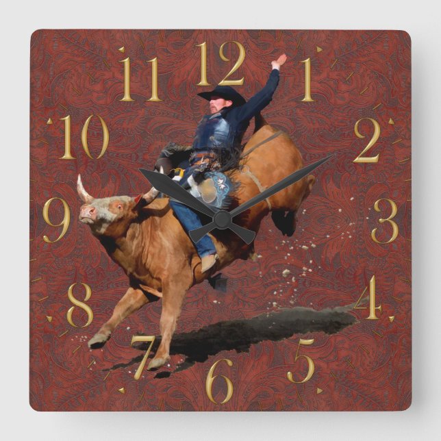 Rodeo Cowboy Bull-Riding-Western Themenuhr Quadratische Wanduhr (Vorderseite)