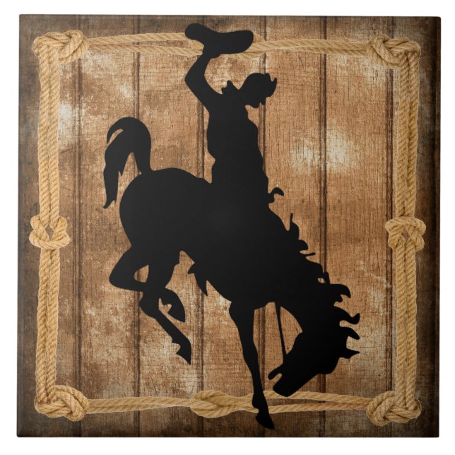 Rodeo Cowboy Horse Bronco Silhouette Fliese (Vorderseite)