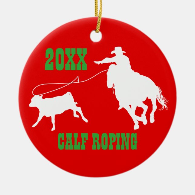 Rodeo-Cowboy-Kalb-Roping Weihnachtsverzierung Keramikornament (Vorne)