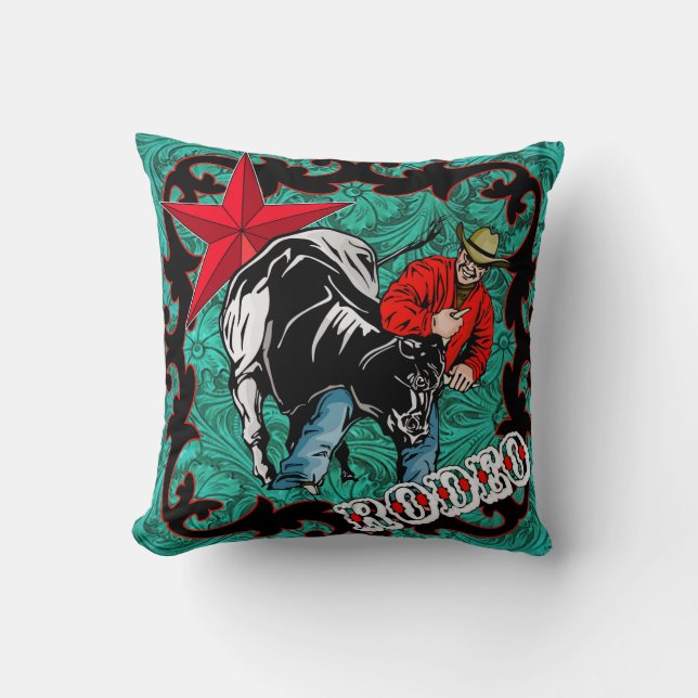 Rodeo Cowboy Steer Wrestling Throw Pillow Kissen (Vorderseite)
