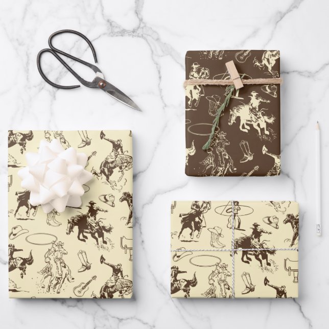 Rodeo Cowboy Western Pferde Muster Geschenkpapier Set (Vorderseite)