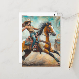 Rodeo Cowgirl auf einem Paint Horse Postkarte