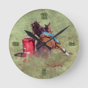 Rodeo Cowgirl Barrel Racing Western Themed Clock Runde Wanduhr