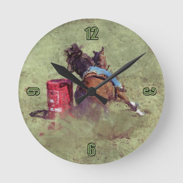 Rodeo Cowgirl Barrel Racing Western Themed Clock Runde Wanduhr (Vorderseite)