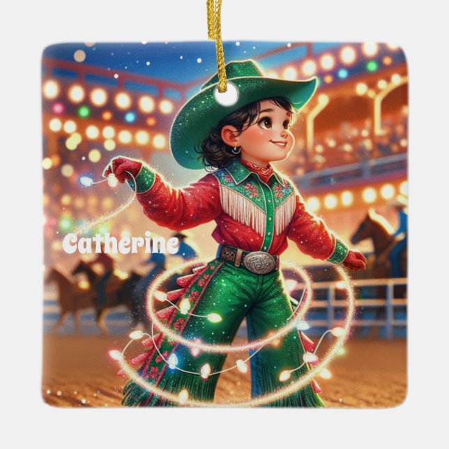 Rodeo Cowgirl Kid wirbt Weihnachtslicht Keramikornament (Vorderseite)