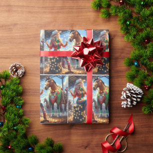 Rodeo-Cowgirl und Pferd mit Weihnachtsbeleuchtung Geschenkpapier