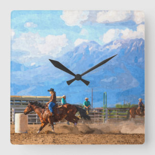 Rodeo Frauen Barrel Racing Rustikaler Western Quadratische Wanduhr