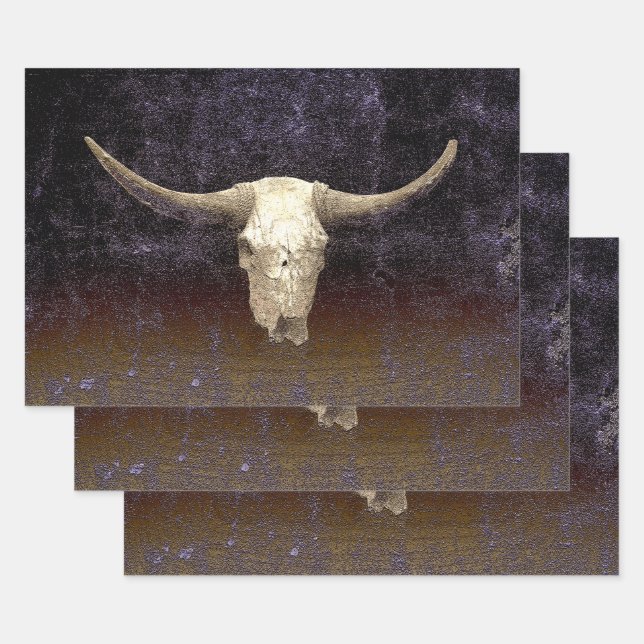 Rodeo Lila Brown Art Textur Rustikaler Bull Skull Geschenkpapier Set (Set)