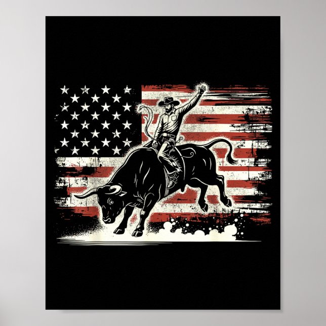 Rodeo Rider Bull Patriotic Cowboy Usa Flag  Poster (Vorne)