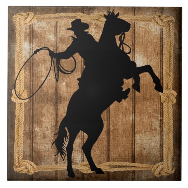 Rodeo Roping Cowboy Horse Silhouette Fliese (Vorderseite)