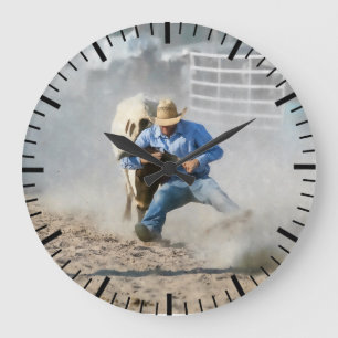 Rodeo Steer Wrestling Competition Western Große Wanduhr