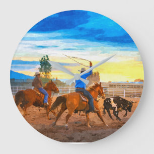 Rodeo Team Roping Sunset Corral Rustic Western  Große Wanduhr
