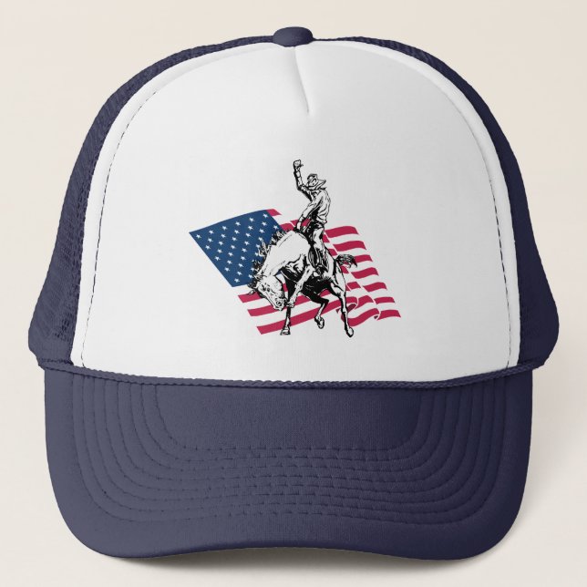 Rodeo USA - Amerika, Cowboy-Pferd und Flagge Truckerkappe (Vorderseite)