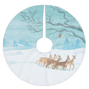 Roe Deer im Winterwald mit Schnee Polyester Weihnachtsbaumdecke