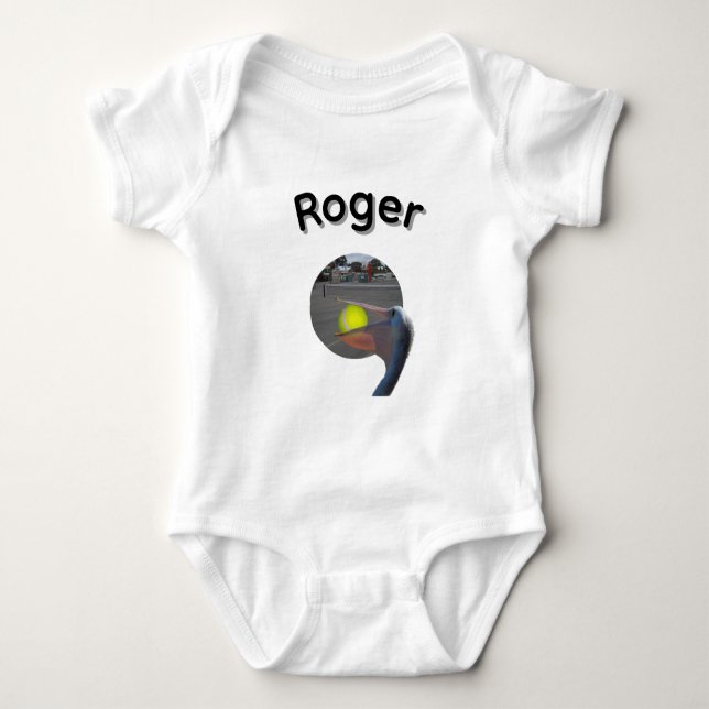 Roger Name Mit Ball Fangendem Pelikan, Baby Strampler (Vorderseite)
