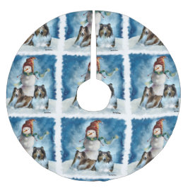 Rogh Collie über Snowman Christmas Polyester Weihnachtsbaumdecke