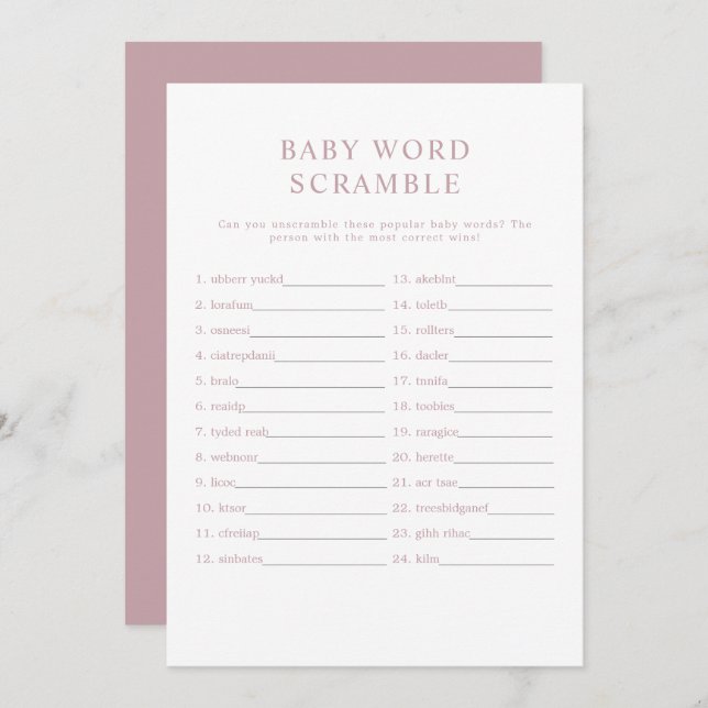 ROGUE Modern Dusty Rose Baby Word Scramble Game Einladung (Vorne/Hinten)