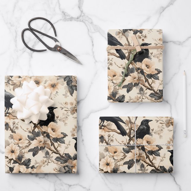 Rohe Baummuster krähen Blumenbäume Geschenkpapier Set (Vorderseite)