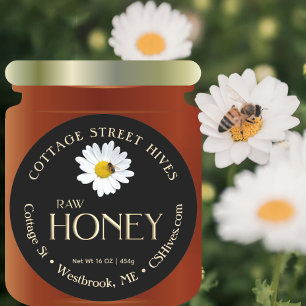 Roher Honey 3D Gold mit Daisy and Bee on Black Runder Aufkleber