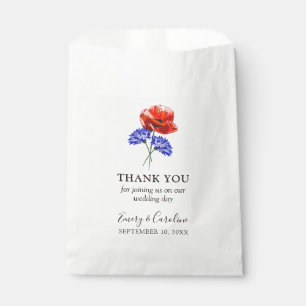 Rohes Hochzeits-Danke mit rotem Mohn und blauer Ko Geschenktütchen