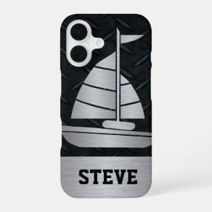 Rohschwarze Diamantplatte Silber-Segelboot-Name iPhone 16 Hülle