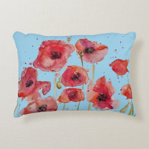 Rohter Mohn auf Blau Aquarell-Mohnblumen Dekokissen