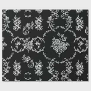 Rokoko-Blumen-Botanik-Antik-verschnörkelt-schwarze Geschenkpapier