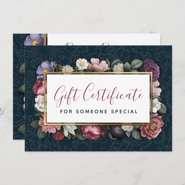 Rokoko Damask & Floral Navy Geschenkkarte Einladung (Vorne/Hinten)